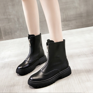 2025 New Autumn and Winter Boots Women's Mid-Calf Single Boots British Style Thick-Soled Genuine Leather Short Boots Front Zipper Boots for Women