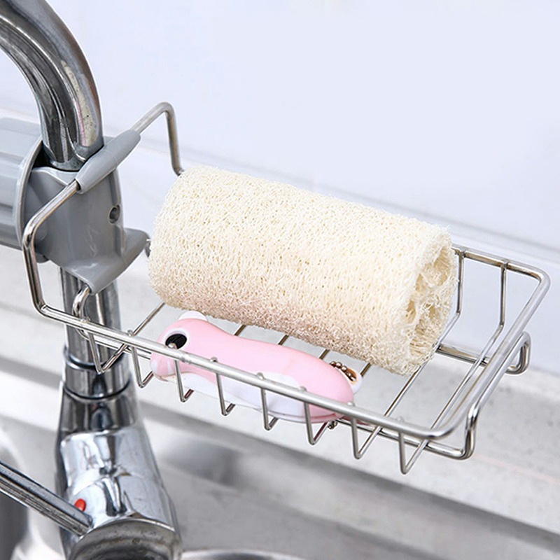 Kitchen Stainless Steel Faucet Rack Household Punch-Free Rag Sponge Brush Drain Rack Sink Storage Rack