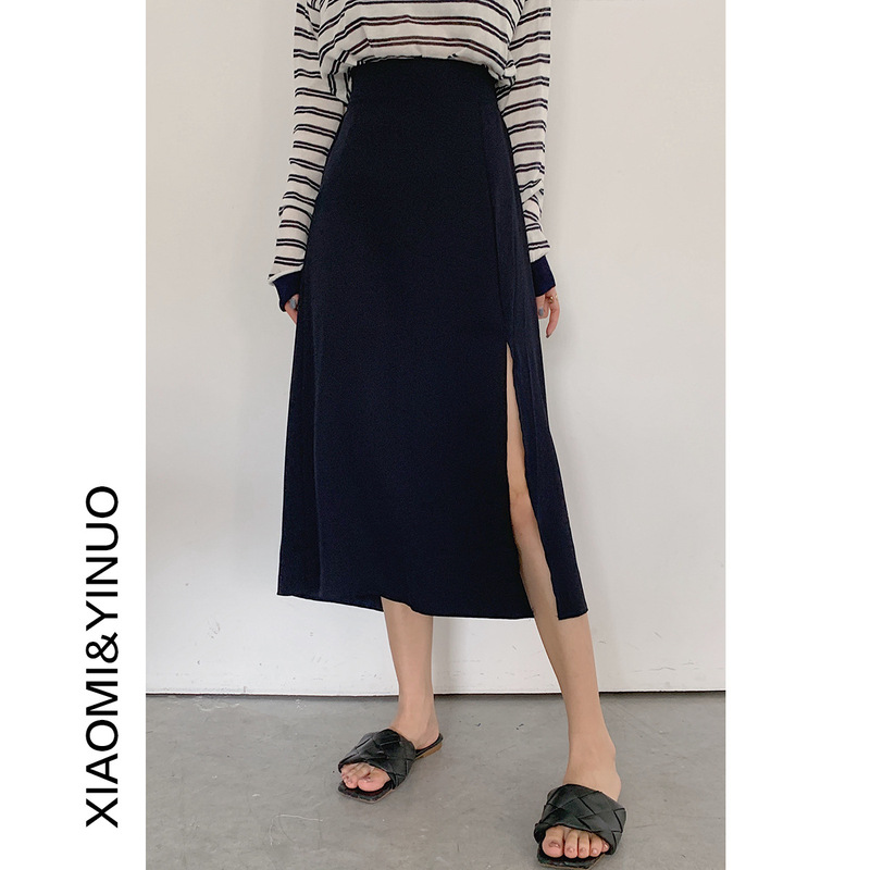 [Oufan] 7420 Stitching Skirt Women's Slim-looking 2024 Summer New Arrival Side Split A- line Skirt Long Skirt