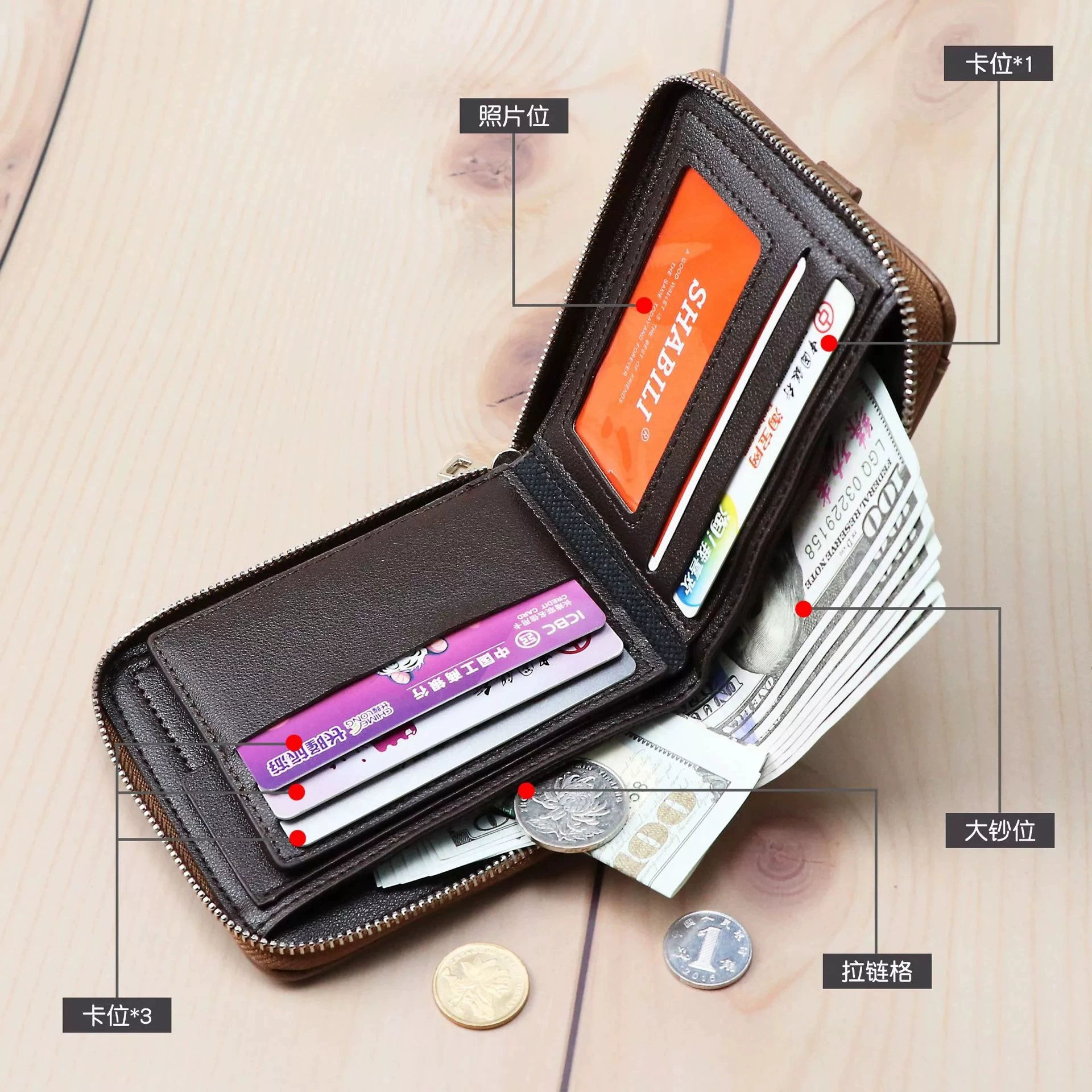 Картуха-кошелёк компактный Wallet (Shabili) с молнией, вместительный, карман на кнопке, экологическая кожа