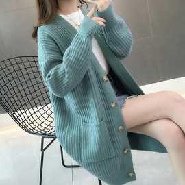 2025春秋装新款针织开衫女中长款宽松韩版扣子纯色毛衣慵懒外套女