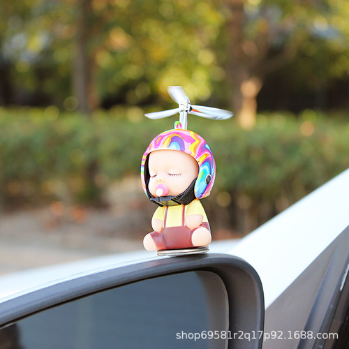 Cute Pacifier Doll with Silver Leaf Bamboo Dragonfly Helmet — Girl’s Car Interior Decor, Car-Mounted Ornament, Helmet-Shaped Adorable Baby Figurine