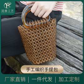 新款小众复古法式水晶棕女包手工编织ins网红串珠手提包水桶包