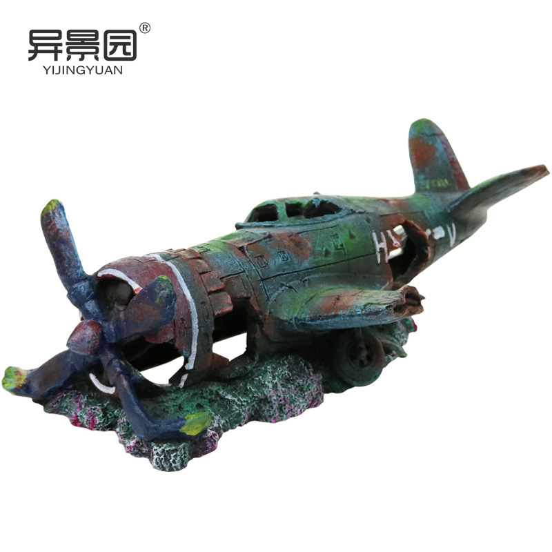 Tanque de peces paisaje decoración simulación aviones cañón resina paisaje rocalla acuario decoración del paisaje refugio de peces casa