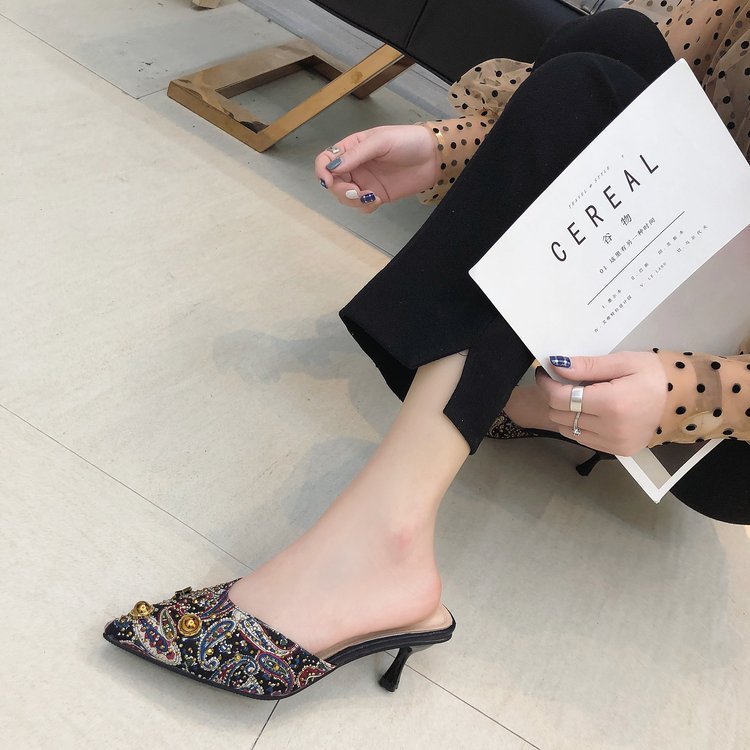 2024 Spring/Summer Sexy Slim Heels, Mid Heel, Pointed Head, Large Size Half Trailer, Sequin Sandals for Women_voghion.com