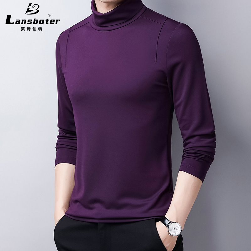 Leisibert 봄과 가을 남성용 뽕나무 실크 긴팔 티셔츠 청년과 중년 남성용 하프 하이 칼라 풀오버 베이스 셔츠 남성용 티셔츠