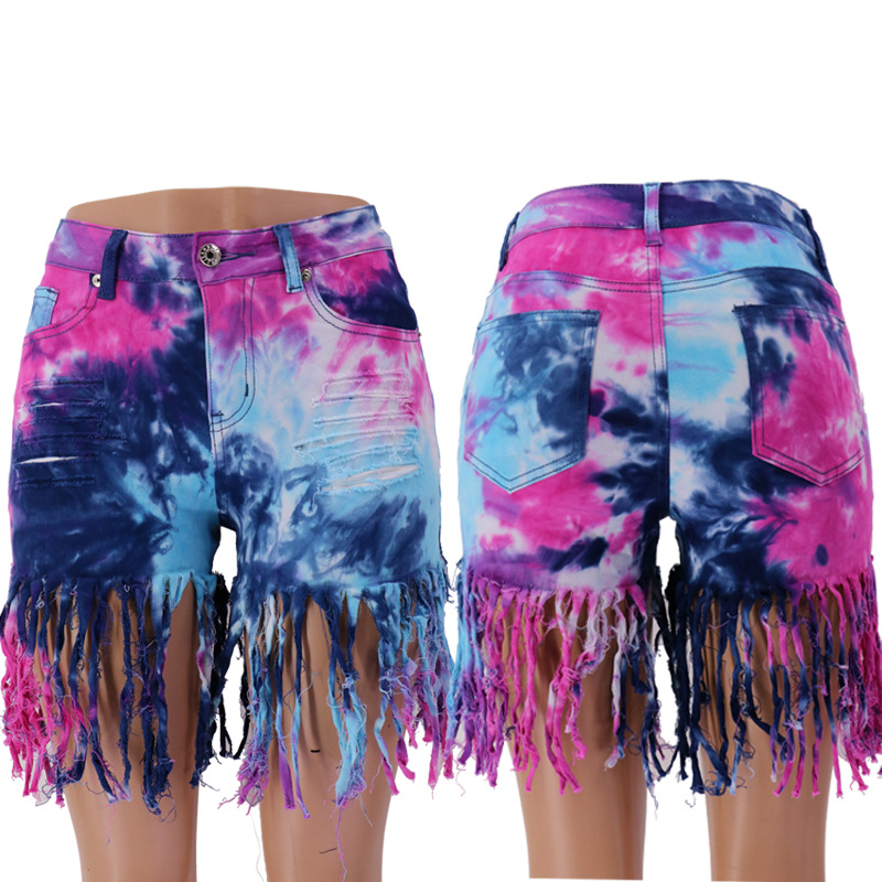 Verano 2023 Internet celebridad rasgado vaina cintura baja alta elástica American Amazon en stock pantalones vaqueros de las mujeres de borla teñida