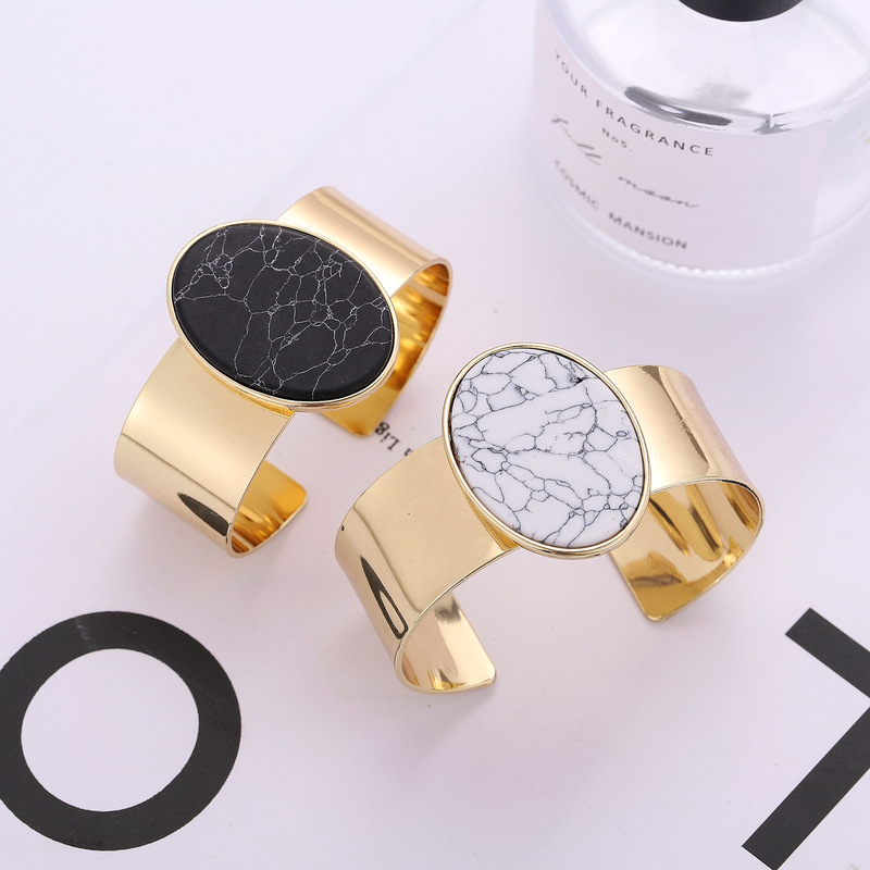 European and American temperament personality wide metal bracelet creative niche oval marble pattern bracelet hip hop street racket bracelet