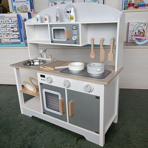 Boys and Girls Wooden Play Kitchen with Realistic Furniture for Children, Cooking Playset for Kindergarten and Playground