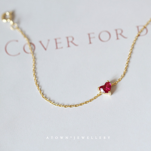 S925 sterling silver plated 14K gold small red heart bracelet for women Korean style simple Japanese style red gemstone bracelet