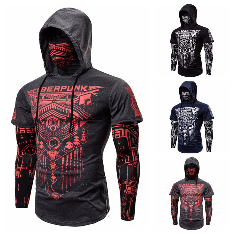 Yuxiang Autumn and Winter New Fashion Printed Mask Design Fake Two-piece plus size Slim-fit Riding Clothes Men's Hooded T-shirt