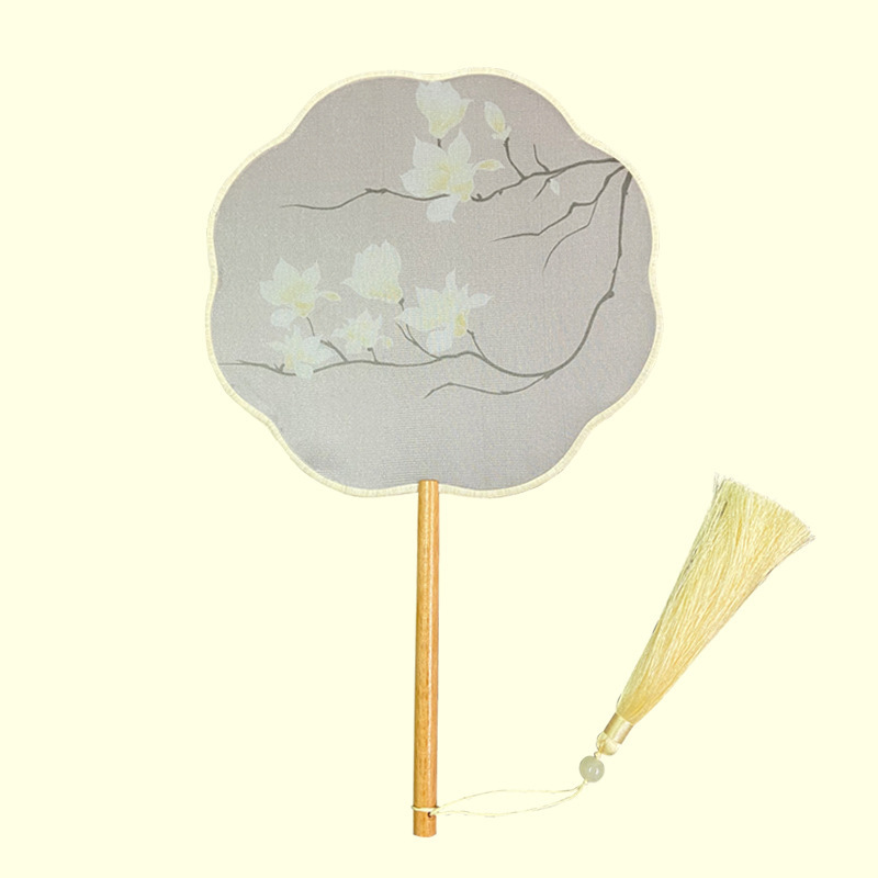 En stock ventilador redondo han ventilador de ropa estilo antiguo translúcido mango largo traje antiguo ventilador de baile Super Hada estilo chino en forma de ventilador redondo