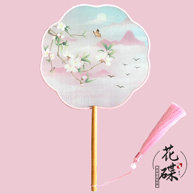 En stock ventilador redondo han ventilador de ropa estilo antiguo translúcido mango largo traje antiguo ventilador de baile Super Hada estilo chino en forma de ventilador redondo