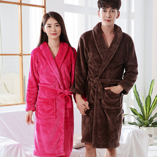 Autumn and Winter Thickened Flannel Couple's Nightgown Extra Long Size Men's and Women's Coral Fleece Long-sleeved Slim-fit Bathrobe