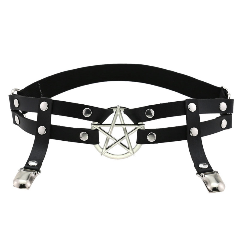 European and American Harajuku Punk Style Five-pointed Star Leather Handmade Rivets Hip-hop Leg Ring Personalized Double Row Elastic Garter Belt