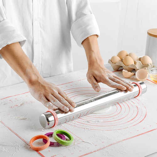 Household stainless steel rolling pin with silicone ring, adjustable thickness, flour stick, variable thickness, integrated roller