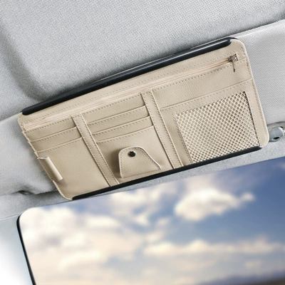 Car Sun Visor Ticket Holder, Car Glasses Clip/Bill Clip - beige-8015-zipper-holder