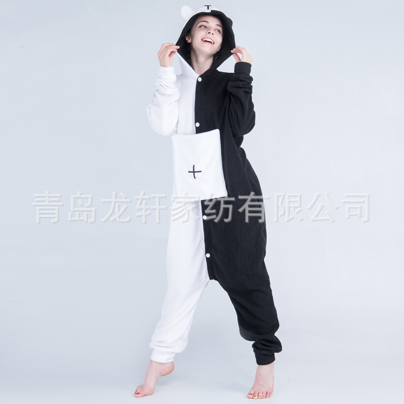 Autumn and Winter Cross-Border Amazon Annual Meeting Polar Fleece Black and White Bear Cartoon Animal Onesie Couple's Loungewear