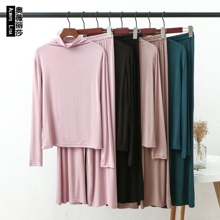 Korean style long sleeve wide leg pants half turtleneck square dance modal spring and autumn thin pajamas home wear suit women Korean style long sleeve wide leg pants half turtleneck square dance modal spring and autumn thin pajamas home wear suit women
