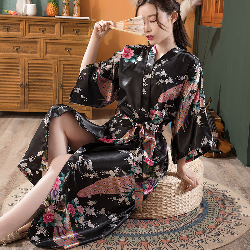 Women's Nightgown Japanese-style Silk-like Shade Kimono Robe Foreign Trade Peacock Cardigan Robe Summer Sexy Long Bathrobe