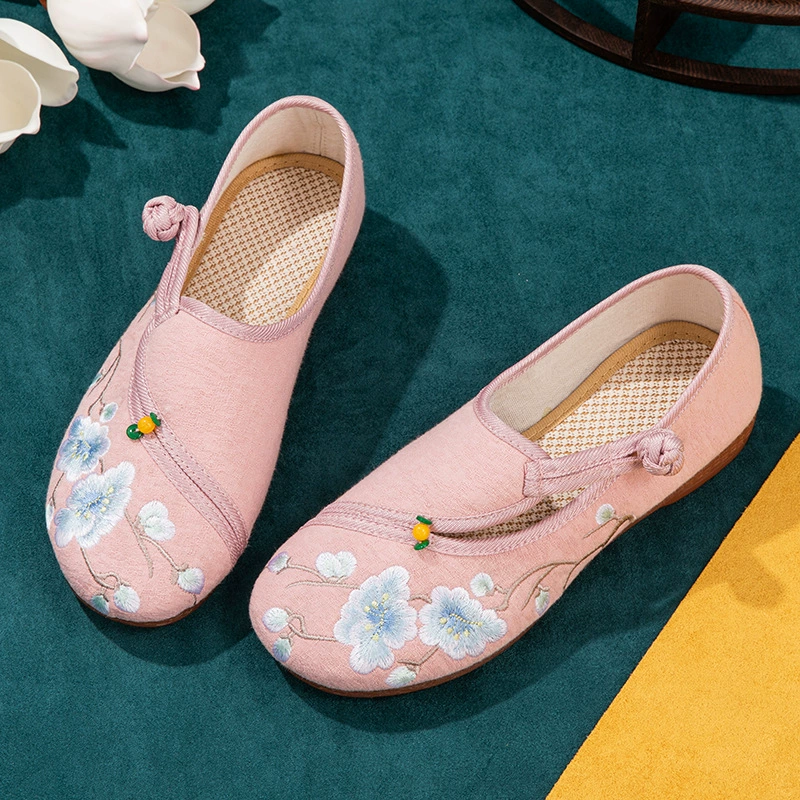 Ethnic Hanfu Shoes, jacquard cotton upper, jelly sole 2 cm, side buckle (sizes 35–40)