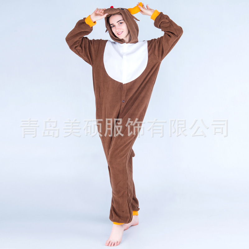 Foreign Trade Christmas Fleece Reindeer Cartoon Onesie Pajamas Home Animal Long-Sleeve Couple's Autumn and Winter Performance Outfit Foreign Trade Christmas Fleece Reindeer Cartoon Onesie Pajamas Home Animal Long-Sleeve Couple's Autumn and Winter Performance Outfit