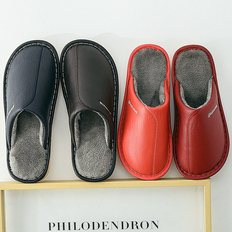 Хлопковые Тапочки женские зимние домашние парные кожаные непромокаемые Нескользящие плюшевые теплые мужские тапочки на толстой подошве