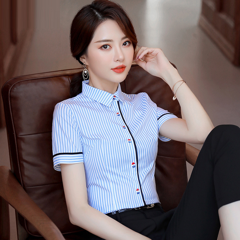 Striped Short-sleeved Shirt Women's Professional Temperament Fashion Temperament Dress Pharmacy Hotel Sales Department Work Clothes Suit Summer