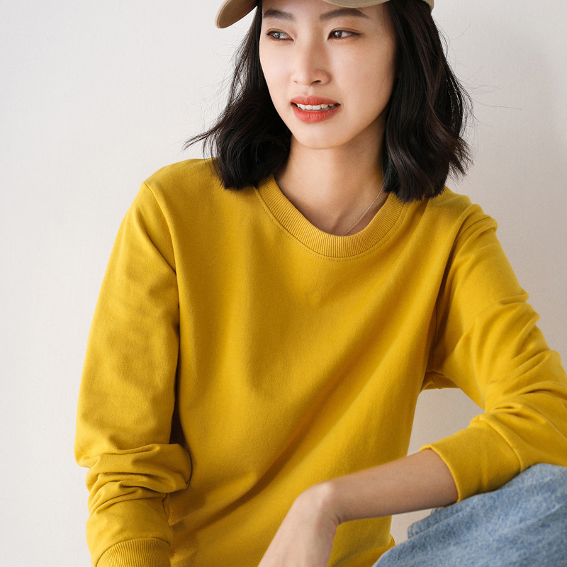 2025 Autumn Solid Color Cotton Crew Neck Sweatshirt Women's Loose Cotton T-Shirt Women's Long Sleeve Manufacturer Wholesale Dropshipping