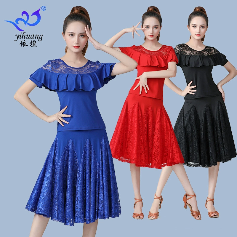Новый костюм для танцев, кружевное большое платье-качели с короткими рукавами для бальных танцев, трехступенчатая одежда больших размеров для квадратных танцев
