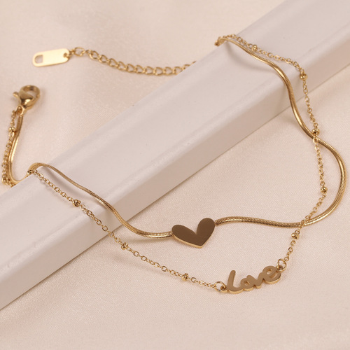 New KOREAN Style Double-Sided Stainless Steel Double-Layer Heart Ankle Chain for Women, Personalized, Versatile, High-End, Non-Fading Ankle Accessory