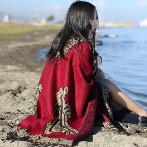 Ethnic style cloak shawl scarf dual-purpose women's warm Lijiang Qinghai Lake Tibet travel shawl coat