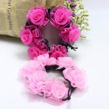 女孩舞蹈头饰 手工玫瑰花朵抽绳头花 六朵雪纺纱花弹性发网批发