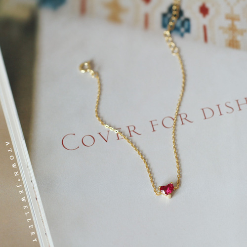 S925 sterling silver plated 14K gold small red heart bracelet for women Korean style simple Japanese style red gemstone bracelet