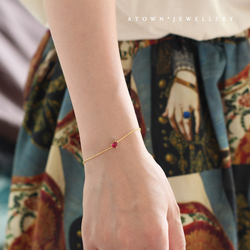 S925 sterling silver plated 14K gold small red heart bracelet for women Korean style simple Japanese style red gemstone bracelet