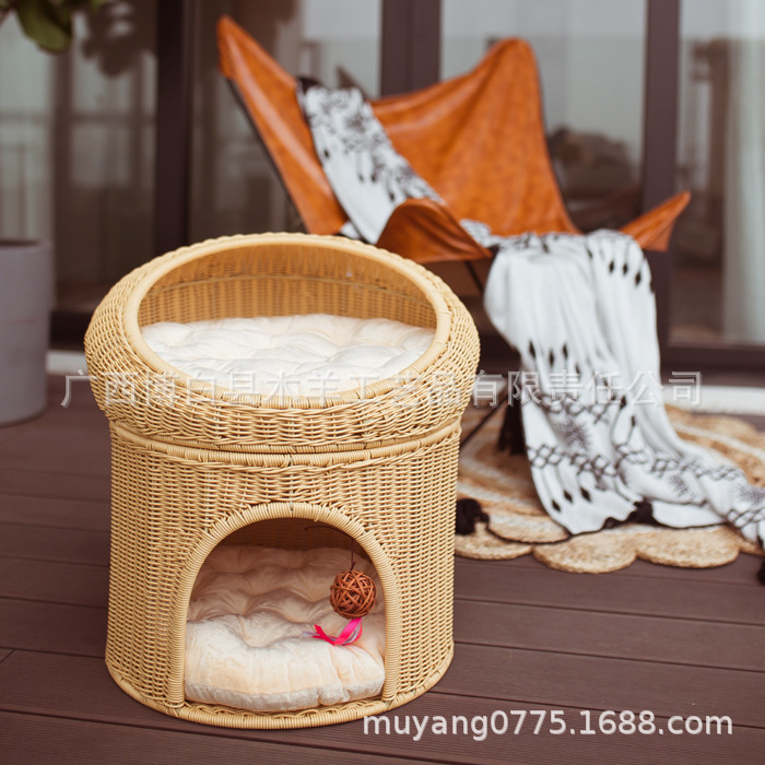 Gato Verano Fresco Gato nido de ratán transpirable Casa bebé gato nido cuatro estaciones universal de doble capa semi-cerrado nido de mascotas