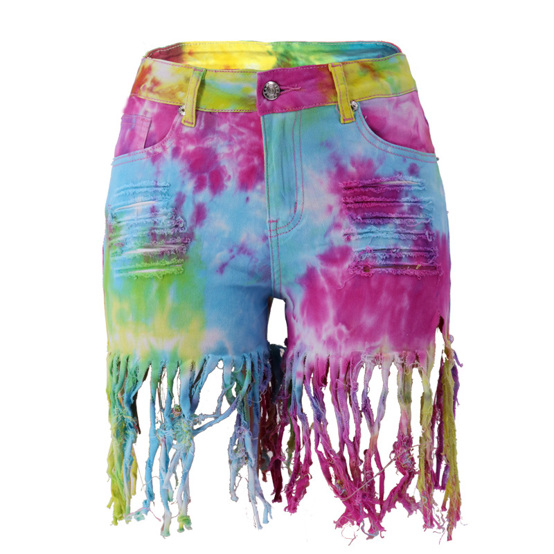 Verano 2023 Internet celebridad rasgado vaina cintura baja alta elástica American Amazon en stock pantalones vaqueros de las mujeres de borla teñida