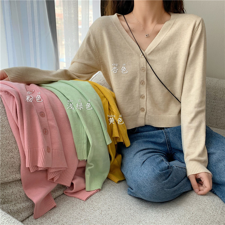 Knitted Sweater Women's Korean Style Solid Color Coat Short Cardigan V-Neck Long Sleeve Sweater Small Simple for Students
