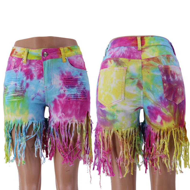 Verano 2023 Internet celebridad rasgado vaina cintura baja alta elástica American Amazon en stock pantalones vaqueros de las mujeres de borla teñida