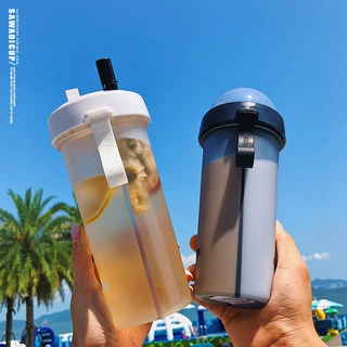 网红双饮杯韩版创意情侣共用双吸管塑料便携防摔加厚便携随手杯子