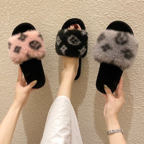 Cross-border foreign trade leopard print fur slippers for women autumn outer wear furry women's shoes sandals non-slip PVC half slippers wholesale
