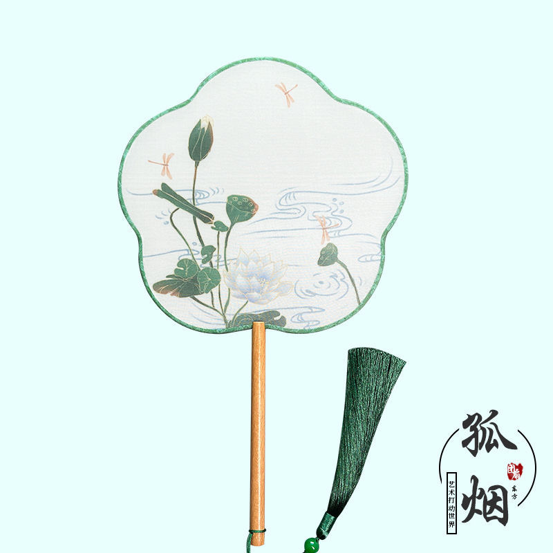 En stock ventilador redondo han ventilador de ropa estilo antiguo translúcido mango largo traje antiguo ventilador de baile Super Hada estilo chino en forma de ventilador redondo