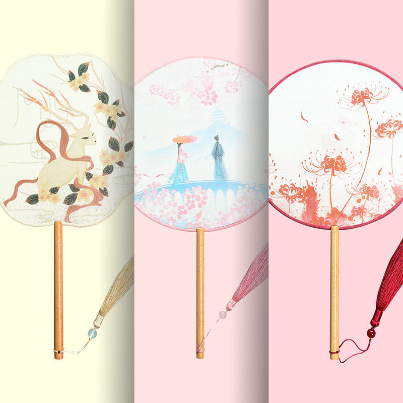 En stock estilo chino especial en forma de abanico redondo estilo antiguo translúcido mango largo traje antiguo ventilador de baile Super Hada ventilador redondo Hanfu ventilador