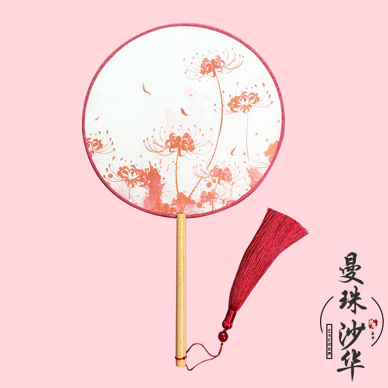 En stock ventilador redondo han ventilador de ropa estilo antiguo translúcido mango largo traje antiguo ventilador de baile Super Hada estilo chino en forma de ventilador redondo