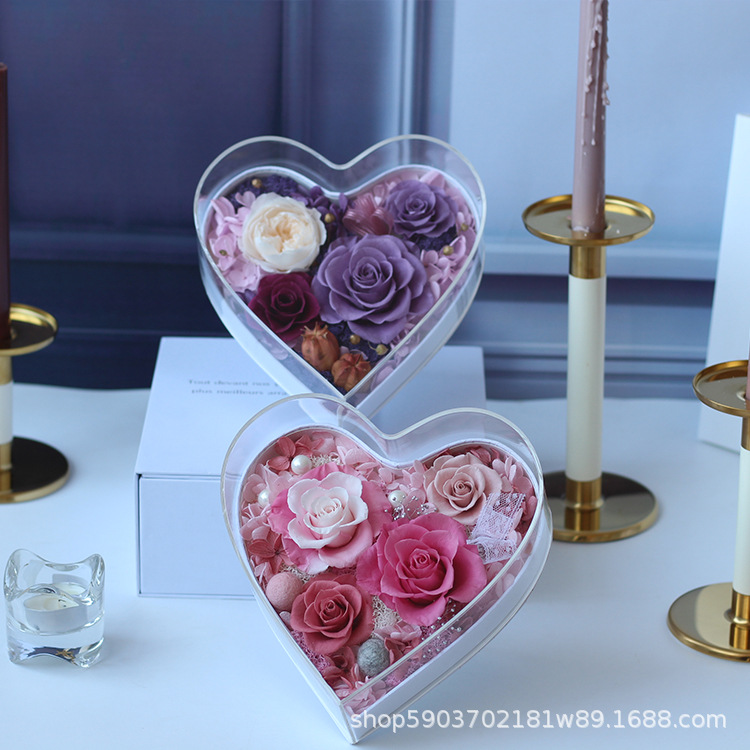Flor eterna acrílica en forma de corazón, un regalo para tu novia en el Día de San Valentín chino, rosa eterna.