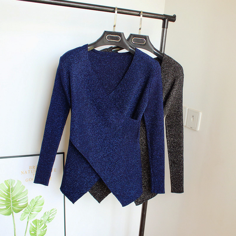 Autumn and winter New flash bright silk sweater Korean fashion Cross V-neck sweater women's irregular thin base shirt Autumn and winter New flash bright silk sweater Korean fashion Cross V-neck sweater women's irregular thin base shirt