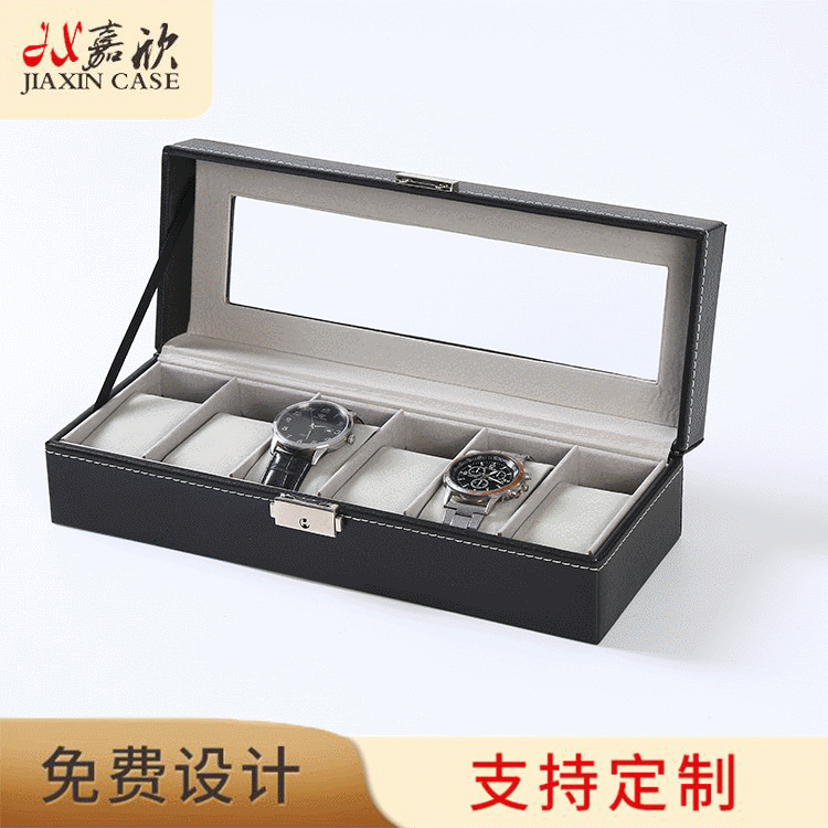 厂家现货批发6位手表盒一字锁PU皮内里灰色绒布手表盒展示收纳盒