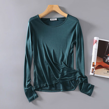 新品高档桑蚕丝 真丝双面针织经典圆领修身长袖打底衫 T恤女上衣