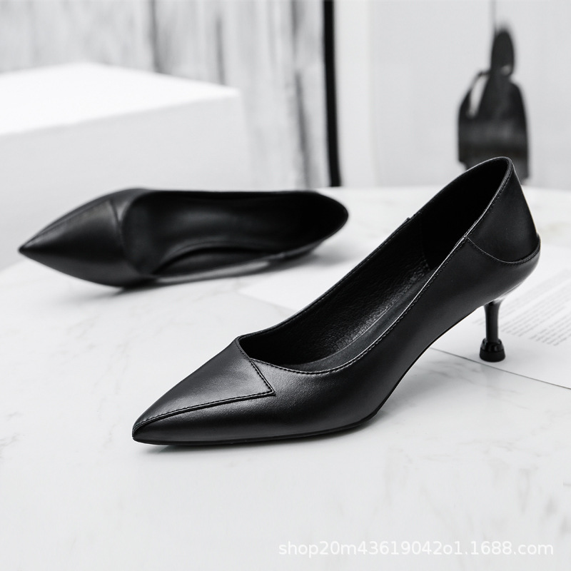 Black High-Heeled Shoes for Business Women 2025 New Style Single Shoes Comfortable Soft Leather Soft Sole Pointed Toe Stiletto Breathable