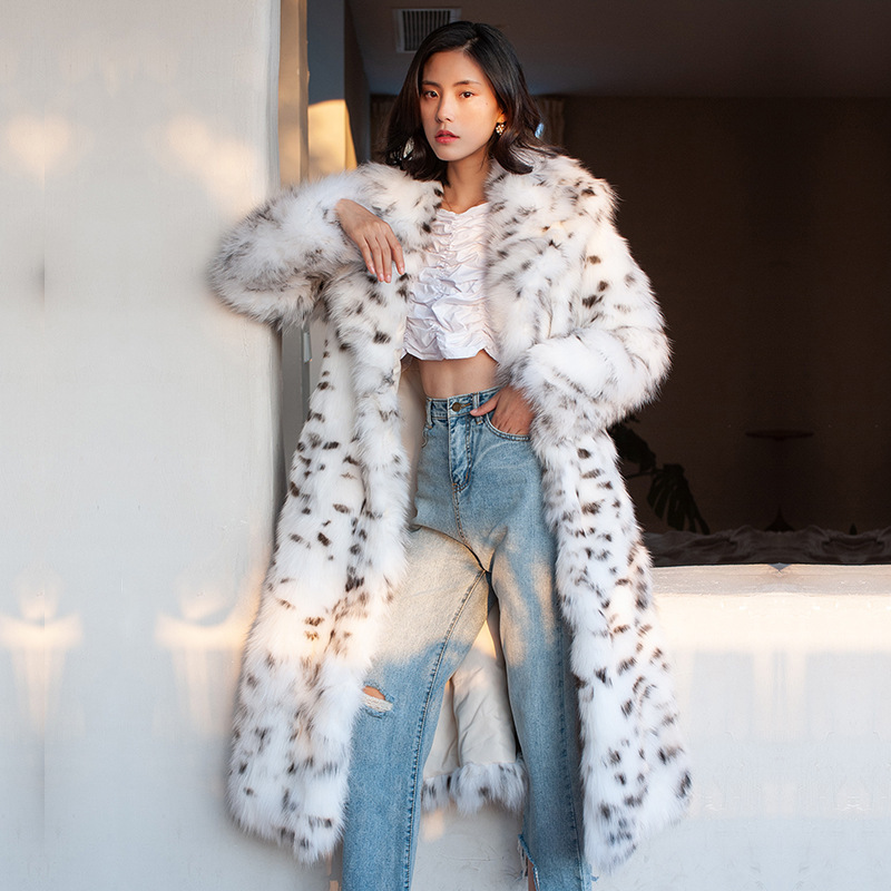 Women's Fur Coat Faux Fox Fur Coat Black Point Leopard Print Suit Long European and American Plus Size Winter Warm